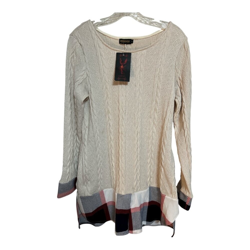 Reborn Women’s S Winter White Cable Knit Sweater Tunic – Plaid Trim Hem – Size S